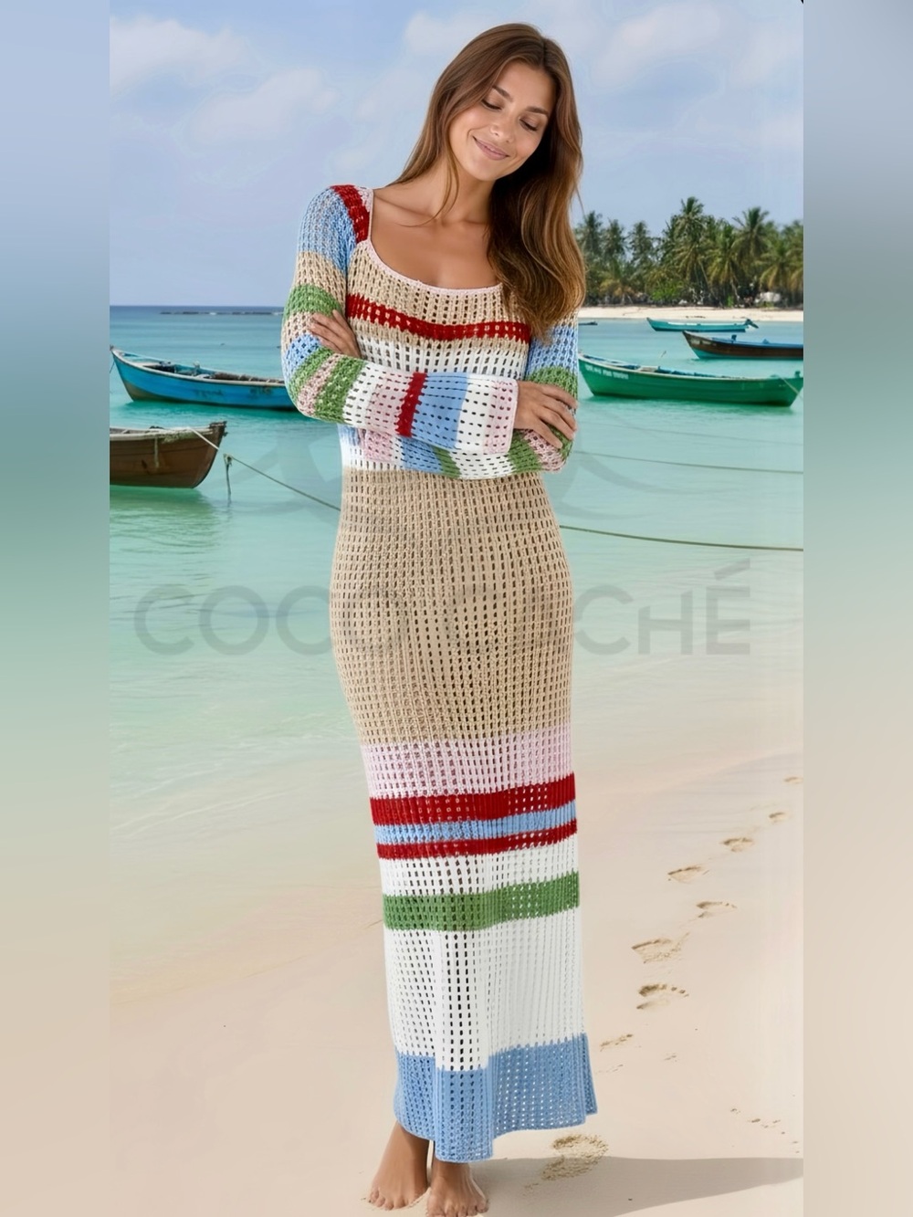 Casual Bohemian Crochet Long Sleeves Color Block Swimsuit Coverup Midi Dress - Picture 4 of 12